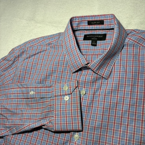 Banana Republic Other - Banana Republic Mens Slim Fit Non-Iron Plaid Dress Shirt Blue Red Large L